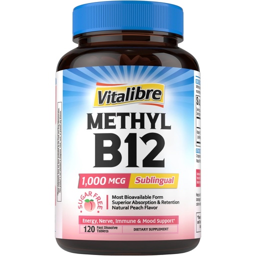 [BRSREGARCNYBAAYU] Vitalibre Vitamin B12 1000 mcg, Sublingual Methylcobalamin, Natural Peach Flavor, Nervous System Health, Energy Support, No Sugar, 120 Fast Dissolve Tablets