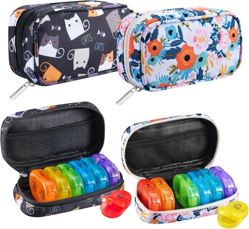 [BRSRAHQTDMPGOFDP] Serfeymi Weekly Travel Pill Organizer 2 Times A Day AM PM Rainbow Pill Box 7 Day with Zipper Canvas Pill Case, Medicine Organizer for Pills, Vitamins, Fish Oils - Black 02 + Bloom 01