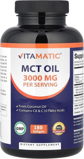 [BRSROFACBYFBE3DA] Vitamatic MCT Oil 3000 mg per Serving - 180 Softgels - from Coconut Oil - Contains 55% caprylic Acid C8 and 40% capric Acid C10