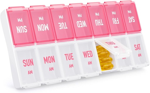 [BRSRAZIFOB5AAHTO] Weekly Pill Organizer 2 Times a Day, Stylish Pill Box 7 Day AM PM with Large Compartments, Pill Case Easy to Use, BPA-Free Pill Container for Vitamins, Fish Oils, Supplements, Medicines, Pink