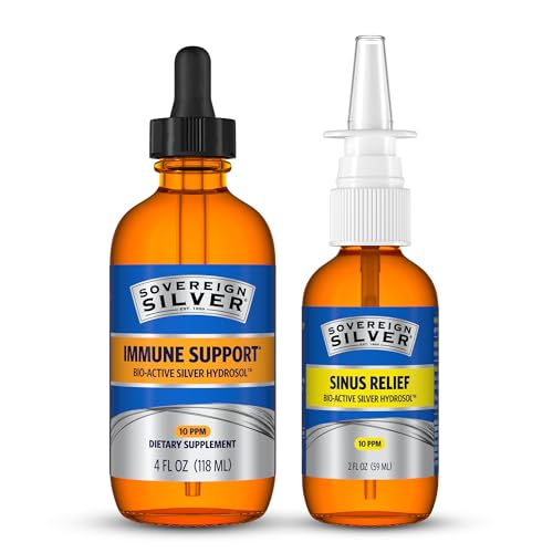 [BRSRGHY3DEPREEY7] Sovereign Silver Immune Support + Natural Nasal Spray Bundle, Colloidal Silver Bio-Active Hydrosol 10 PPM, 4 Fl Oz Immune Support with Liquid Dropper & 2 Fl Oz Sinus Care Combo Pack