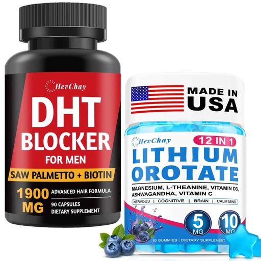 [BRSRGZIBAQJRYCLB] 1900MG DHT Blocker for Men + Lithium Orotate Gummies Bundle | Hair Growth & Cognitive Tension Support