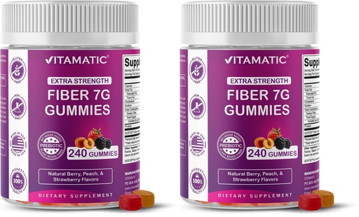 [BRSRGGQZBMPAYYA2] Vitamatic Prebiotic Fiber Gummies for Adults, 7G Extra Strength, Zero Sugar Added, 240 Pectin Based Gummies, Digestive Health & Regularity Support (Pack of 2)