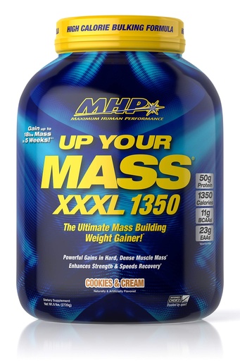 [BRSWGFITOQNWCAI6] Maximum Human Performance MHP UYM XXXL 1350 Mass Building Weight Gainer, Muscle Mass Gains, w/50g Protein, High Calories, 11g BCAAs, Leucine, Cookies & Cream, 8 Servings, 6lb