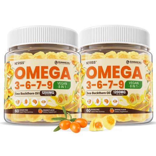[BRSRGGQYB4PGC23U] Omega 3-6-7-9 Gummies, Organic Sea Buckthorn Oil 1200MG & Flaxseed Oil 500MG, Vegan Omega 7 Supplement w/Vitamin A, C, E, Fatty Acids, No Fish Taste, Supports Skin, Eye, Immune, Brain Health, 120 Cts