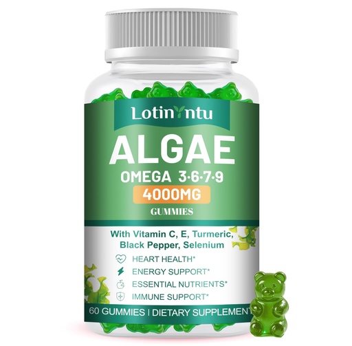 [BRSRGGDQAR5A43I3] Algae Omega 3 Gummies 4000mg - Fish Oil Gummies Alternative from Algae Oil, DHA 1500MG & EPA 270MG, Vitamin C, E,Turmeric, Black Pepper & Selenium, Supports Heart, Brain & Immune Wellness, 60 Gummies