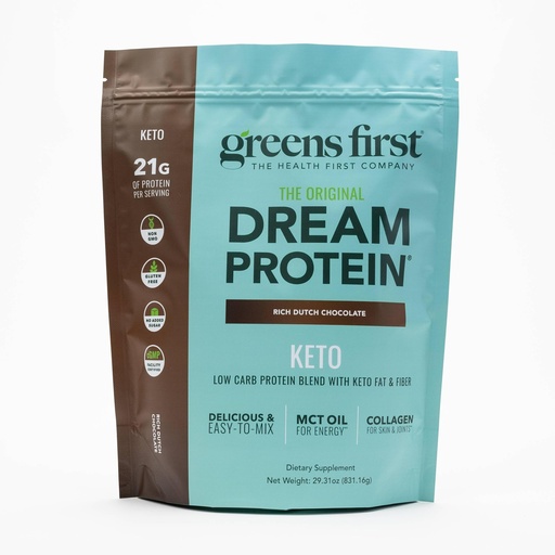 [BRSRABIQOEGWYHTU] Greens First Dream Protein Powder Keto - 21g Protein Per Serving - Low Carb - with MCT Oil & Collagen - Non-GMO, Gluten-Free, Caffeine-Free (Rich Dutch Chocolate, 29.31 oz)