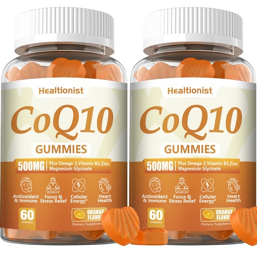 [BRSRAFAOPN5AICD4] 2 Pack 500MG Coq10 Gummies - 3X Better Absorption, Plus Omega-3, Magnesium, Vitamin B3 & Zinc - Coenzyme Q10 Supplements for Heart Health, Cellular Energy & Antioxidant, Vegan, 120 Counts