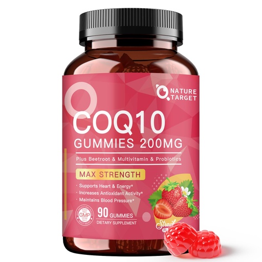 [BRSRACQ7AB6W2CL5] NATURE TARGET CoQ10 Gummies 200mg, Coenzyme Q10 Supplement with Multivitamins, Beetroot, probiotics for Heart & Energy Support, Powerful Antioxidant, Natural Strawberry Flavor, Non-GMO, 90 Gummies
