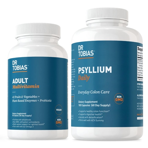 [BRSRAYANCUMQ23Y6] Dr. Tobias Adult Multivitamin & Psyllium Daily Supports Energy, Immunity & Healthy Bowel Movements with 42 Fruits & Vegatables, Psllium Husk, Bentonite Clay, Flaxseed & Natural Ingredients