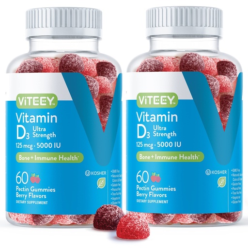 [BRSWYHQPOEHA43DG] Viteey Vitamin D3 Gummies for Adults & Teens - 5,000 IU, 125mcg, Ultra Strength - Joint & Muscle Health, Immune Boost - Chewable Vitamin D Gummies - Vegetarian, Gelatin Free - Tasty Berry Flavored