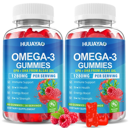 [BRSREBA6CUGQOA34] Vegan Omega-3 Gummies 1280mg, Omega 3 Fish Oil Alternative for Adults w/EPA 400mg & DHA 600mg & Vitamin A, C, E Supports Brain, Eye & Immune Health, Sugar Free, Raspberry Flavor, 120 Count