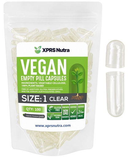 [BRSWGCT4BV7QG3I7] XPRS Nutra Size 1 Empty Capsules - 100 Count Clear Empty Vegan Capsules - Vegetarian Pills - DIY Vegetable Capsule Filling- Veggie Pill Caps for Do-It-Yourself Supplements