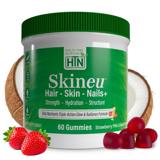 [BRSRE2YECEBGCEI4] Health Thru Nutrition Skineu Hair, Skin & Nails+ Gummies | Biotin 5000mcg, Hyaluronic Acid, Retinyl Palmitate | Beauty Support - Strength & Hydration | Strawberry Piña Colada Flavor | 60 Gummies