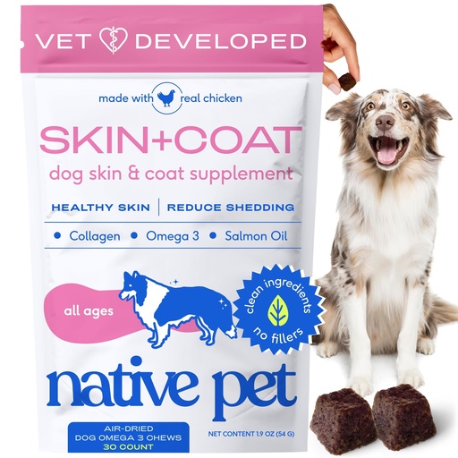 [BRSRAZTRO4FWM2TK] Native Pet Skin & Coat Chews - Omega 3 Fish Oil for Dogs Skin & Coat Supplement - Itch Relief, Shiny Fur & Shedding Support - Collagen, Hyaluronic Acid, Biotin, Probiotics & Salmon Oil - 30 Chews