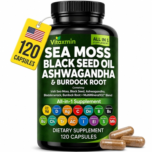[BRSRGGAPBUFRUHTL] Sea Moss Capsules – Irish Sea Moss Supplement with Black Seed Oil, Ashwagandha, Burdock Root, Bladderwrack & Turmeric, Seamoss Pills, Herbal Complex, All-in-One Formula, 120 Capsules