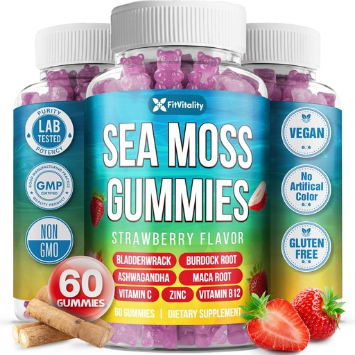 [BRSRE2YCBN7AEEIZ] 60 Sea Moss Gummies | 9-in-1 Formulation with Irish Sea Moss, Ashwagandha, Burdock, Elderberry, Bladderwrack, Maca, Zinc, B12 | Energy & Immune Support | Strawberry Flavor Vegan Gummies