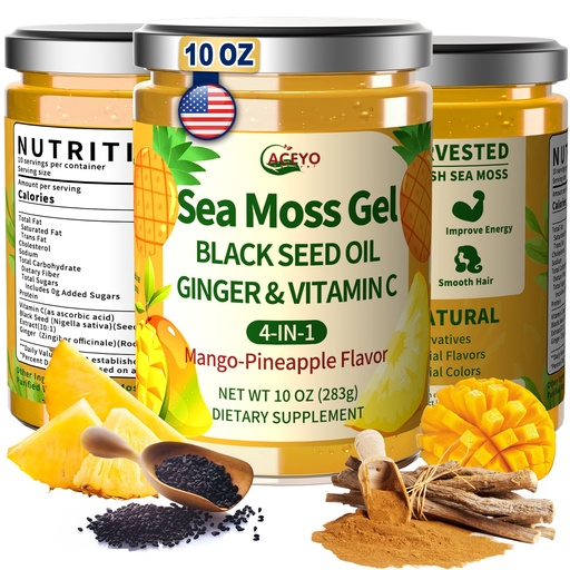[BRSREZD3DJ6QIHLD] ACEYO Sea Moss Gel 4-in-1, Irish SeaMoss with Black Seed Oil & Ginger,Rich in Minerals & Vitamins,Immunity & Health Support,Superfood,Non-GMO, Vegan,Mango Pineapple Flavor,10 oz (Pack of 1)