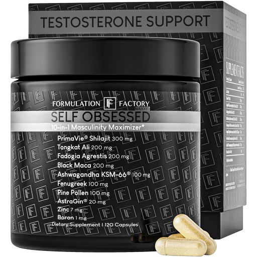 [BRSREGT3DJ4BE23X] Formulation Factory Self Obsessed Maxxed - 10-in-1 Men's Vitality Complex with PrimaVie Shilajit, Tongkat Ali, KSM-66 Ashwagandha, Fadogia Agrestis, Black Maca & Zinc - 120 Capsules, 2 Month Supply