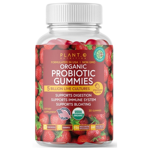 [BRSW2FD7B4GRGE37] Plant.O Organic Probiotic Gummies for Women, Men & Kids [5 Billion CFUs USDA Certified] Help Support Digestion, Bloating, Constipation & Immune System, Strawberry Flavor, 30 Chewable Probiotics