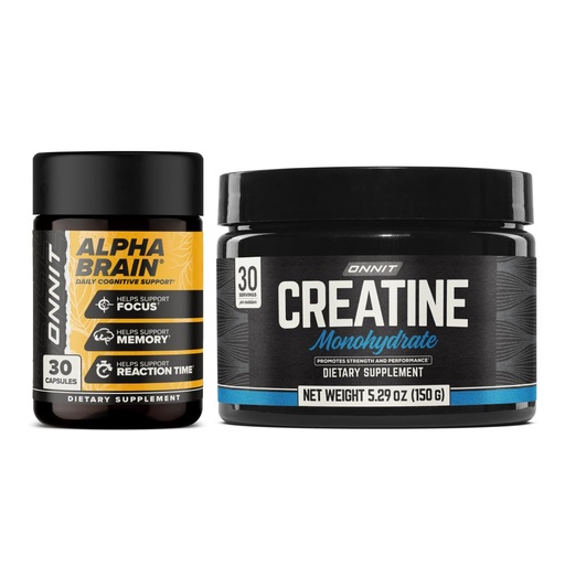 [BRSREBD5DIPBGYLU] ONNIT Cognitive & Strength Performance Bundle: Alpha Brain Nootropic Capsules (30 Count) + Creatine Monohydrate Powder (30 Servings), IGEN Non-GMO Tested Focus, Strength & Lean Muscle – Pack of 2