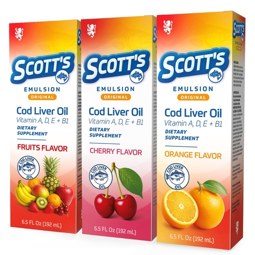 [BRSRGHYQBAFAK33G] SCOTT'S EMULSION Cod Liver Oil for Kids, Orange, Fruits & Cherry Flavors, Fish Oil for Kids with Omega 3, Vitamins A, D, E & B1, Cod Liver Oil Liquid, 3-Pack, 6.5 Fl Oz Each