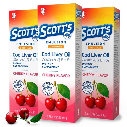 [BRSRGFIDCMPQEFIZ] SCOTT'S EMULSION Original Cod Liver Oil Liquid, Cherry Flavor, Vitamin A, D, E, B1, Daily Omega 3 Fish Oil Supplement for Immune Support, 3-Pack, 6.5 Fl Oz Each