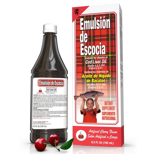 [BRSWYAQBAUPQEET4] Emulsion de Escocia Cod Liver Oil, Cherry Flavor, 6.5 fl oz (1 Pack) – Fish Oil with Vitamins A, D, E, B1, Omega-3 for Immune and Bone Health, Kids & Adults