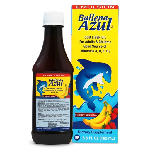 [BRSW2AAKAEJQGYDK] Ballena Azul Aceite de Hígado de Bacalao para Adultos y Niños, COD Liver Oil for Adults and Children, Source of Vitamins A,D,E, B1, Dietary Supplement, Omega 3,Inmune System Boost(Strawberry Banana)