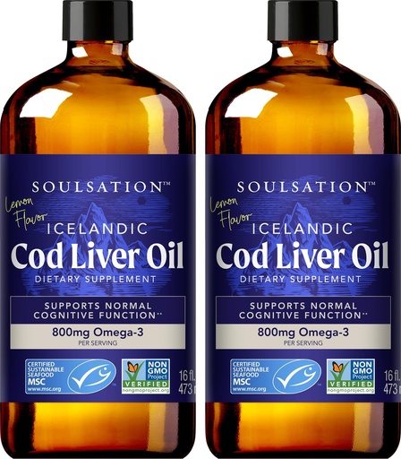 [BRSRABQCC55GC3LF] SOULSATION Icelandic Cod Liver Oil Liquid, Lemon (16oz - Pack of 2) - Vitamins A & D, EPA & DHA - Helps Vision, Skin Membranes & Immune Function - MSC Certified, Non-GMO