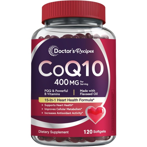 [BRSRABIEA4OQ2ELD] Doctor's Recipes Coq10 400mg Softgels, Ubiquinone with PQQ, Niacin, Vitamin K2 D3, Folate, Plus Black Pepper, High Absorption, Powerful-Antioxidant, Support Heart & Energy-Production, 120 Counts