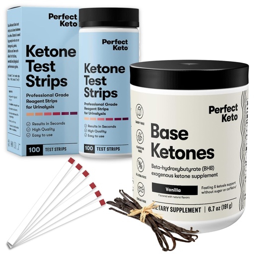 [BRSREBQBBEIBQDLU] Perfect Keto Ketone Bundle — Exogenous Ketones Powder (Vanilla, 6.7 oz) + 100 ct Urine Ketone Test Strips — Keto Support & Monitoring Kit for Low Carb/Ketogenic Diets