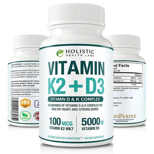 [BRSWG2Y3AF5BG3TX] Max Absorption Vitamin K2 + D3 (5000IU) 90 Veggie Capsules From MK-7 (Menaquinone-7) and Cholecalciferol (With BioPerine) 3-Months Supply – D3 with K2 For Healthy Heart and Strong Bones | Non-GMO