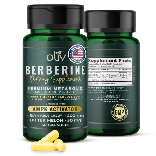 [BRSRAAIKBEGQM3Y7] oliv Pure Berberine Supplement Capsules – Berberine HCI 1000mg - Natural Metabolic Support with 200mg Bitter Melon Fruit Extract and 50mg Banaba Leaf – 2 Veggie Capsules Daily (30 Servings)