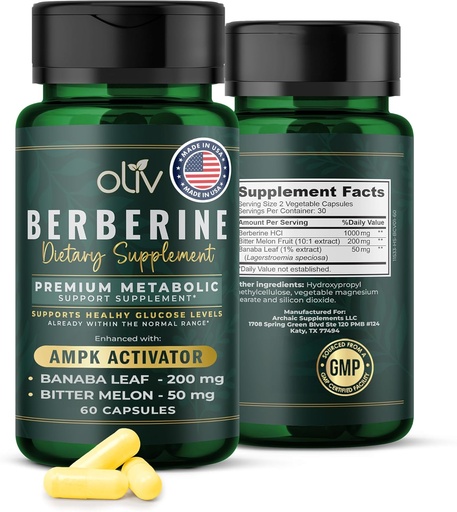 [BRSRAAIKBEGQM3Y7] oliv Pure Berberine Supplement Capsules – Berberine HCI 1000mg - Natural Metabolic Support with 200mg Bitter Melon Fruit Extract and 50mg Banaba Leaf – 2 Veggie Capsules Daily (30 Servings)