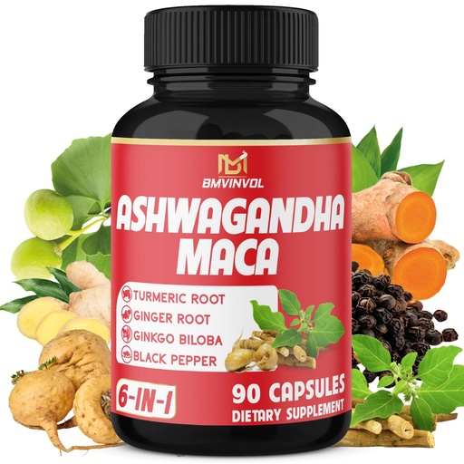 [BRSW2BQFOQFGMDL7] Ashwagandha Maca Root with Turmeric, Ginger, Ginkgo Biloba, Black Pepper - 90 Count - 3 Month Supply