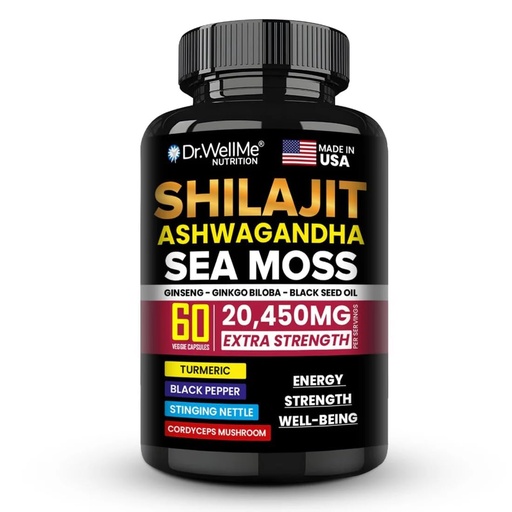 [BRSRABLQAEFBAF34] Dr.WellMe Shilajit Ashwagandha Sea Moss with Ginseng, Ginkgo Biloba & Black Seed Oil - 60 Veggie Capsules, Extra Strength 20,450mg - Anti-Aging, Stamina, Skin Radiance & Performance - Made in USA