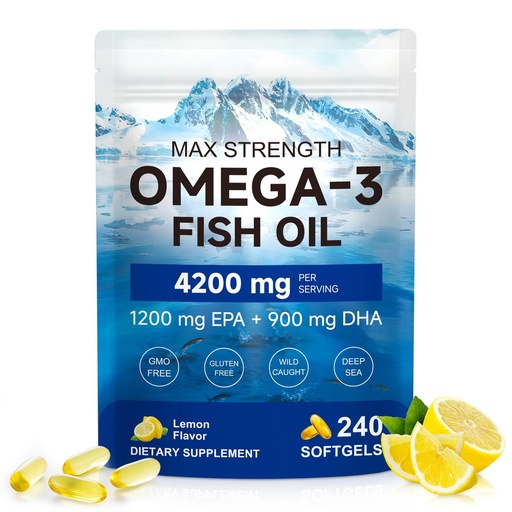[BRSRGBD5OINR4YAY] Triple-Strength Omega 3 Fish Oil Supplement 240 Softgels - High Potency EPA & DHA - Supports Brain, Eye, Skin, Joint & Heart Health for Adults - Lemon Flavor, GMO-Free, from Sustainably Sourced Fish