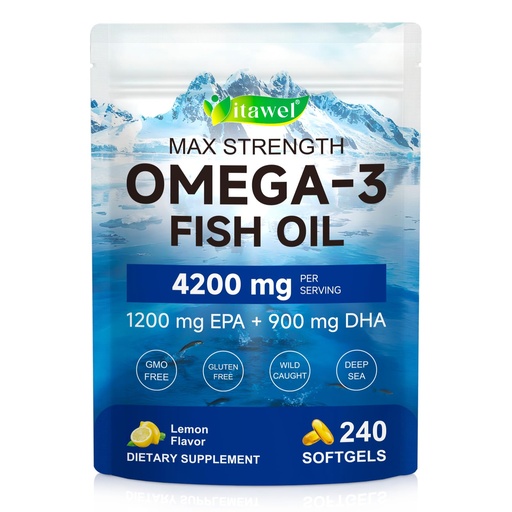 [BRSRGBD2BYNRMHLG] Omega 3 Fish Oil 4200mg - 1200mg EPA 900mg DHA per Serving - 240 Softgels, 80 Day Supply - Max Strength Triple Strength, Wild Caught, Burpless Lemon Flavor, Enteric Coated for Absorption
