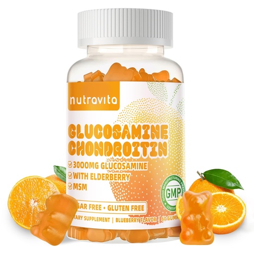 [BRSRAA3YOUMG2FL6] Nutravita Glucosamine Chondroitin Gummies with MSM & Elderberry Extra Strength - Joint Support, Antioxidant Immune Support Supplement for Adults, Men & Women.60 Orange Chews