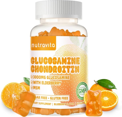 [BRSRAA3YOUMG2FL6] Nutravita Glucosamine Chondroitin Gummies with MSM & Elderberry Extra Strength - Joint Support, Antioxidant Immune Support Supplement for Adults, Men &amp; Women.60 Orange Chews