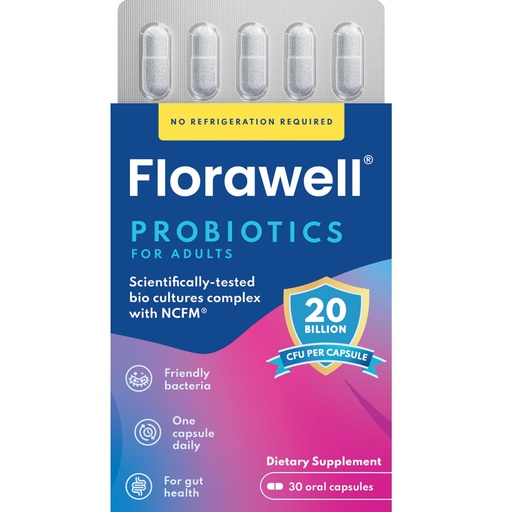 [BRSREAQLC55BS3L6] Florawell® Daily Probiotics for Digestive & Gut Health - Includes World's Most Highly Researched Strain Lactobacillus Acidophilus NCFM® - 20 Billion Live Cultures - 30 Oral Capsules