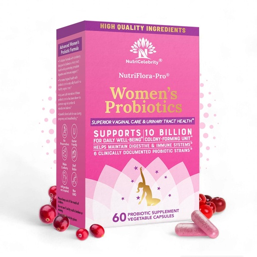 [BRSWGBT6OZ5BQCDO] Nutricelebrity NutriFlora-Pro Probiotics for Women - Support Vaginal, Urinary Health (UTI), Digestive System, Period Pain, Yeast, and BV Relief, Cranberry Pills, 10 Billion CFU 6 Strains (60 Caps)