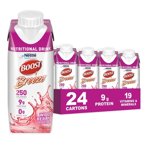 [BRSWYCALPMJQGDQ6] BOOST Breeze Clear Nutritional Drink - 250 Calories - 19 Vitamins & Minerals - 9 g Protein – Fortified with Vitamin A & Zinc - Wild Berry Flavor - 8 fl oz (Pack of 24)