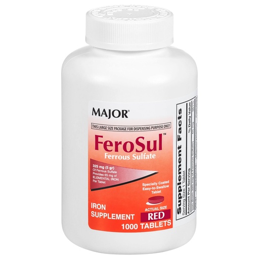 [BRSWKEY2OIGBQYA3] Major FeroSul - Ferrous Sulfate 325 mg Tablets - Iron Supplement for Women and Men - Specially Coated Easy-to-Swallow Tablets - Red - 1000 Count