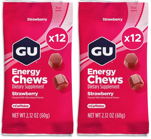 [BRSRGGQLBB6RA3TP] GU Energy Chews, Strawberry Energy Gummies with Electrolytes, Vegan, Gluten-Free, Kosher, 20 mg of Caffeine, and Dairy-Free On-The-Go Energy for Any Workout, 12 Bags (24 Servings Total) (Pack of 2)