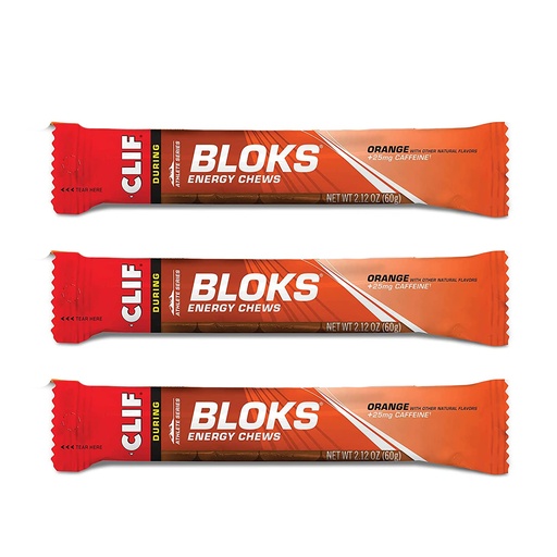 [BRSWIHL3AEGGCED4] CLIF BLOKS - Energy Chews - Orange with 25mg Caffeine - Non-GMO - Plant Based Food - Fast Fuel for Cycling and Running-Workout Snack (2.1 Ounce Packet, 3 Count)