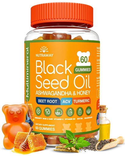 [BRSRGYIDCIBQK3LU] Black Seed Oil Gummies – Black Cumin Seed Oil, Ashwagandha, ACV, Biotin, Turmeric, Beet Root, Pomegranate, Vitamins C & B6 – Clean-Label Multivitamin Gummies for Adults & Kids