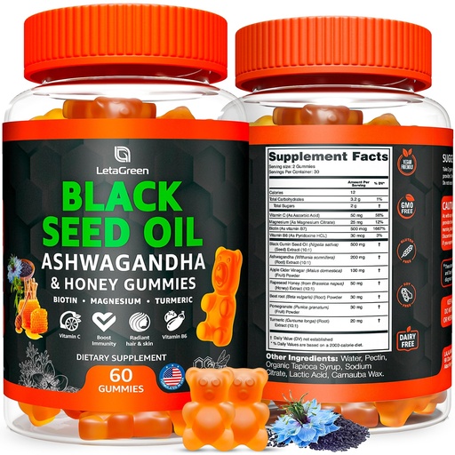 [BRSROEA6OAHBSFLL] Black Seed Oil Gummies 500mg with Ashwagandha & Apple Cider Vinegar - Immune & Wellness Support Supplement with Vitamin C, Biotin, Turmeric - 60 Organic Gummy Bears for Hair & Skin