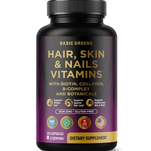 [BRSREZIOOVYGCAL6] Hair, Skin & Nails Vitamins with 10000 mcg Biotin, Collagen & B-Complex – Supports Healthy Hair, Glowing Skin & Strong Nails – Non-GMO, Gluten-Free – 120 Capsules